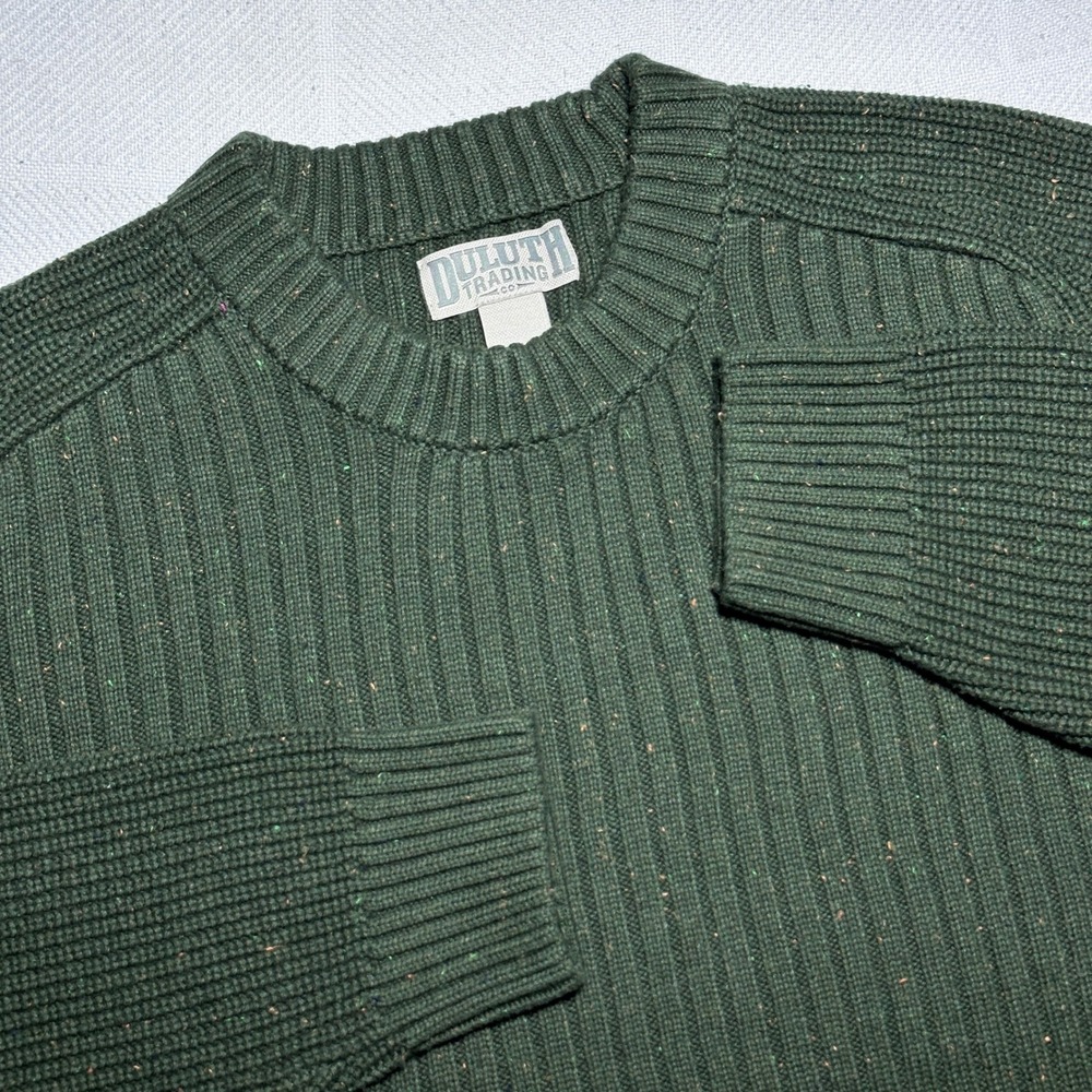 Duluth Trading Burly Crew Sweater Mens 2XL Heavy Gauge Knit Cotton Flecked Green